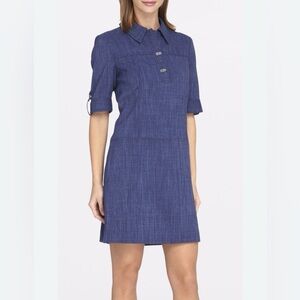 TAHARI Blue Stretch Denim Look Turn Lock Dress 8 Petite